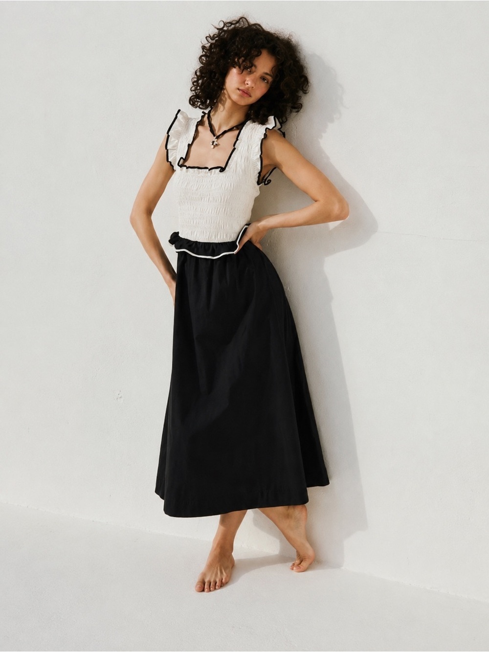 Free People Black & White Midi Dress - Contrast Ruffle